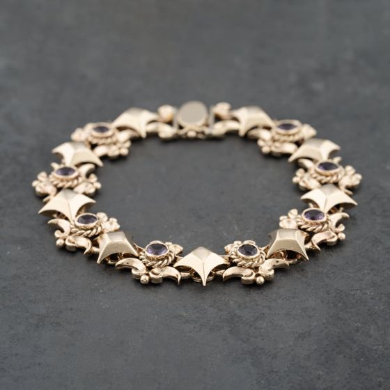 Second Hand 9ct Yellow Gold Amethyst Set 7.5 Inch Fancy Chain Bracelet 41281751