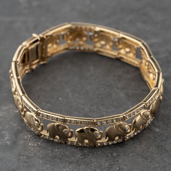 Second Hand 9ct Yellow Gold Cubic Zirconia Elephant 7.5 Inch Bracelet 41281764