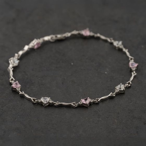 Second Hand 9ct White Gold White & Pink Cubic Zirconia Bar 7.5 Inch Bracelet 41281782