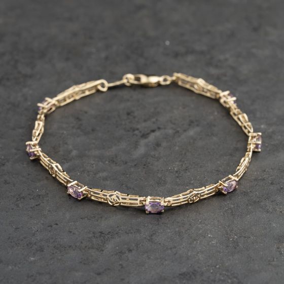 Second Hand 9ct Yellow Gold Amethyst & Filigree Rose Link 7.5 Inch Bracelet 41281789