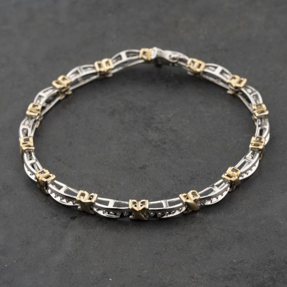 Second Hand 9ct Two Colour Gold Brilliant Cut Diamond Bar And Cross 7.25 Inch Bracelet 41281797