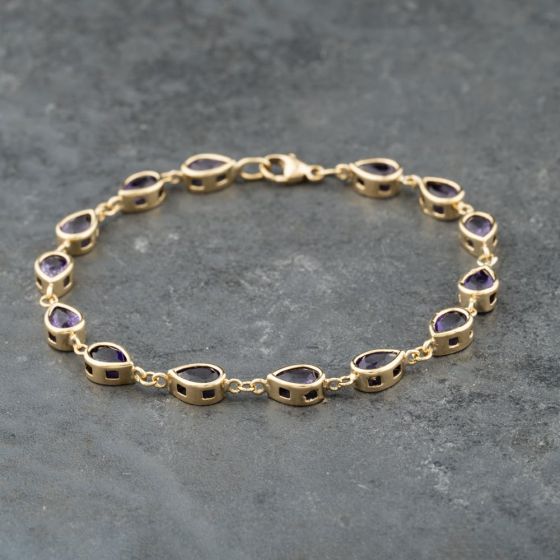 Second Hand 9ct Yellow Gold Amethyst 7 Inch Chain Bracelet 41281816