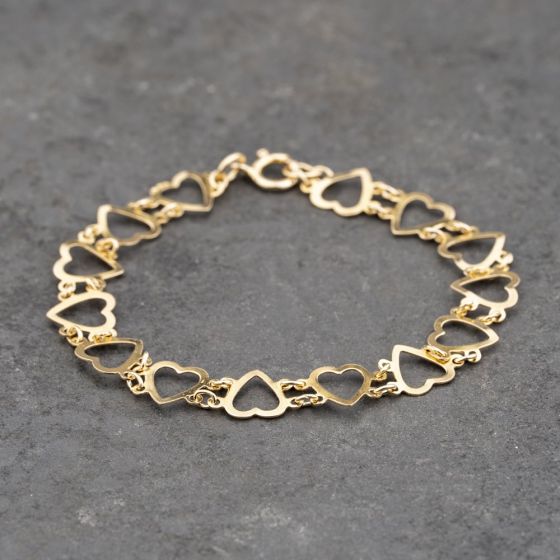 Second Hand 9ct Yellow Gold Open Hearts 7 Inch Fancy Chain Bracelet 41281825