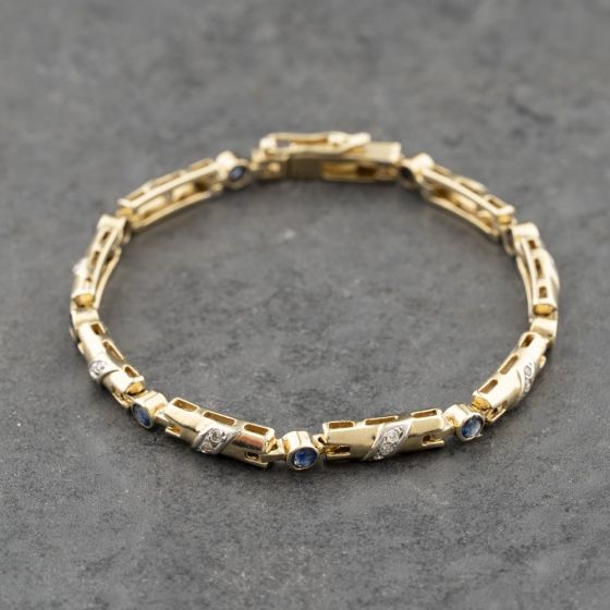 Second Hand 9ct Yellow Gold Sapphire & Diamond Bar Design 7 Inch Bracelet 41281828