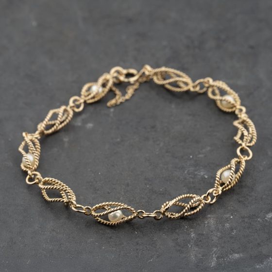 Second Hand 9ct Yellow Gold Cultured Pearl Set 7 Inch Fancy Chain Bracelet 41281834
