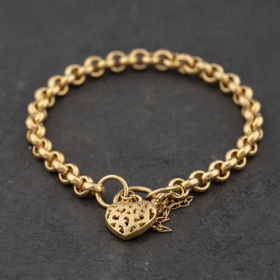 Second Hand 9ct Yellow Gold Textured Heart Padlock 7 Inch Belcher Chain Bracelet 41281845