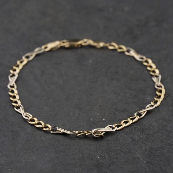 Second Hand 9ct Two Colour Gold Fancy 7.5 Inch Figaro Chain Bracelet 41281849