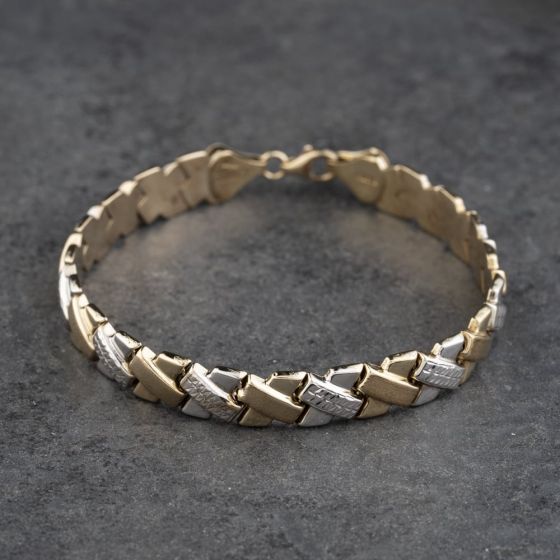 Second Hand 9ct Two Colour Gold Patterned Cross Design 7.5 Inch Chain Bracelet 41281875