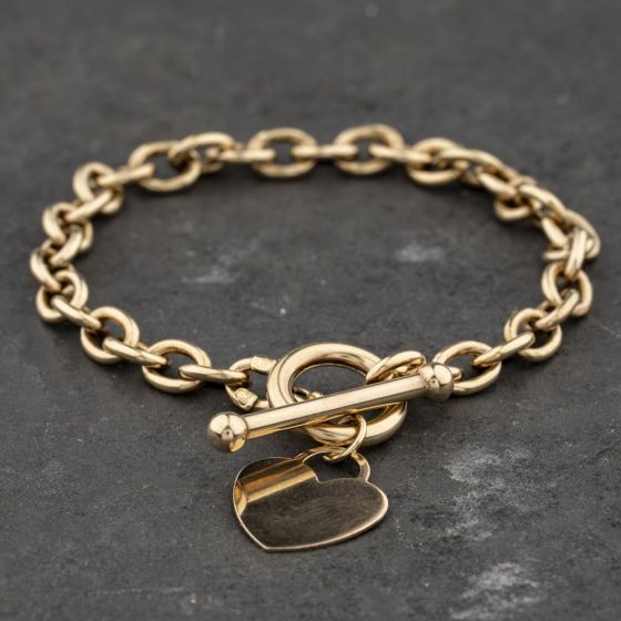 Second Hand 9ct Yellow Gold Heart & T Bar 7.5 Inch Belcher Chain Bracelet 41281923