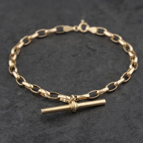 Second Hand 9ct Yellow Gold Oval 8 Inch Belcher T-Bar Bracelet 41281954
