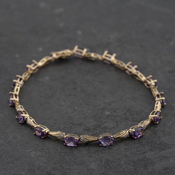 Second Hand 9ct Two Colour Gold Amethyst & 0.07ct Diamond Set 7.5 Inch Bracelet 41282011