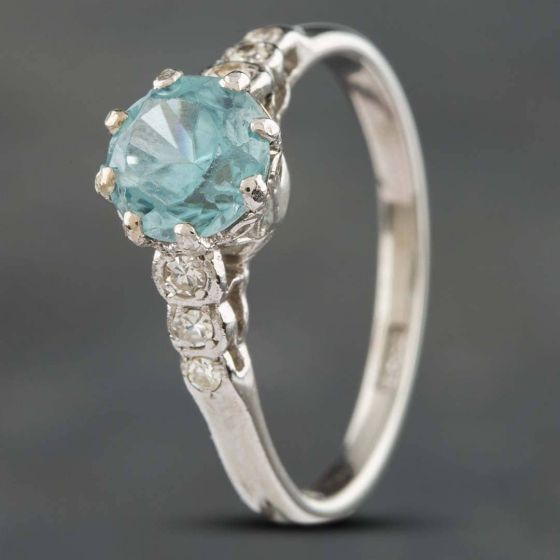 Second Hand Vintage White Gold Diamond & Blue Zircon Dress Ring 4129546