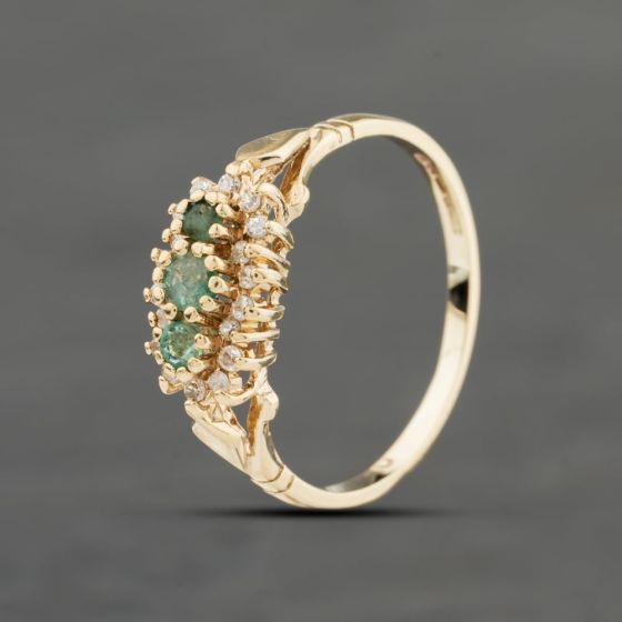 Second Hand 9ct Yellow Gold Emerald & 0.10ct Diamond Cluster Ring 413302157962