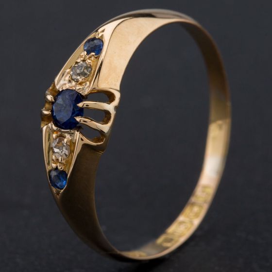 Second Hand 18ct Yellow Gold Diamond Sapphire Five Stone Dress Ring 4133849