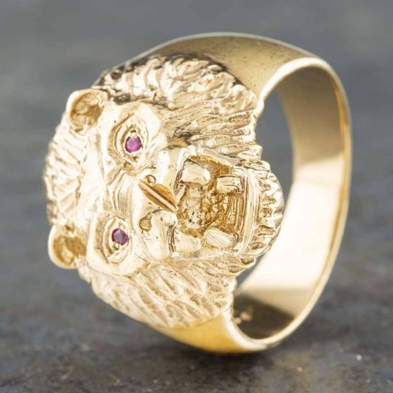 Second Hand 9ct Yellow Gold Synthetic Stone Lion Head Signet Ring 41341046