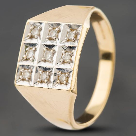 Second Hand 9ct Yellow Gold Brilliant Cut Diamond Nine Stone Signet Ring 41341081