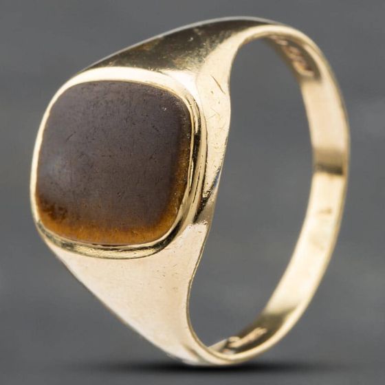 Second Hand 9ct Yellow Gold Tigers Eye Oblong Signet Ring 41341139