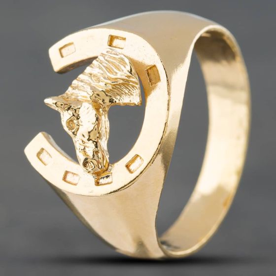 Second Hand 9ct Yellow Gold Horse Head Horseshoe Signet Ring 41341360