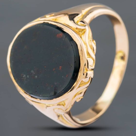 Second Hand Vintage 9ct Yellow Gold Bloodstone Oval Signet Ring 41341370