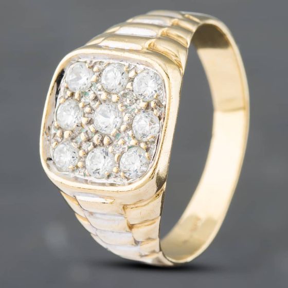 Second Hand 9ct Yellow Gold Cubic Zirconia Nine Stone Chequerboard Style Signet Ring 41341397