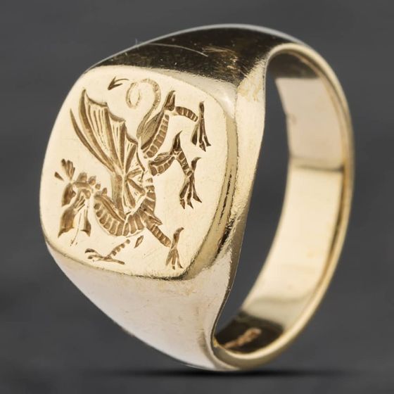 Second Hand 9ct Yellow Gold Welsh Dragon Signet Ring 41341431