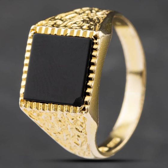 Second Hand Vintage 9ct Yellow Gold Onyx Square Signet Ring 41341458