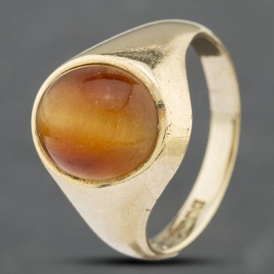 Second Hand 9ct Yellow Gold Tigers Eye Oval Cabochon Signet Ring 41341545