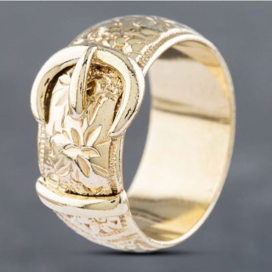 Second Hand 9ct Yellow Gold Flower Engraved Patterned Buckle Ring 41341670