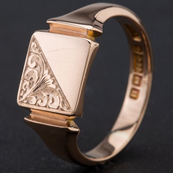 Second Hand 9ct Rose Gold Square Half Engraved Signet Ring 4134177