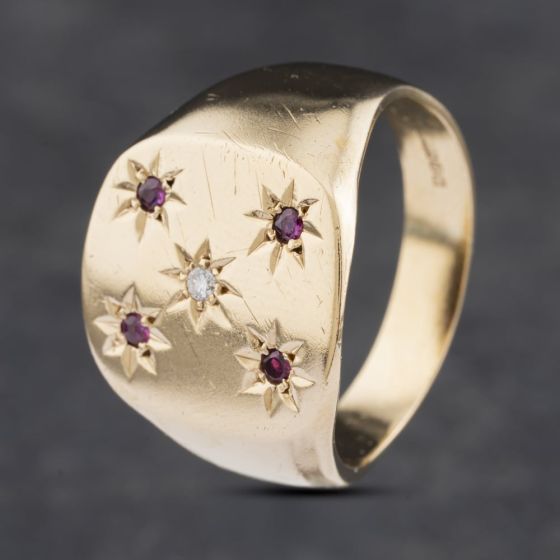 Second Hand 9ct Yellow Gold Ruby & Diamond Square Signet Ring 41341858