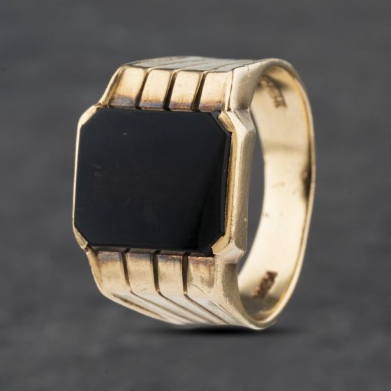 Second Hand 9ct Yellow Gold Onyx Large Oblong Signet Ring 41341886