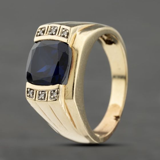 Second Hand 9ct Yellow Gold Synthetic Sapphire & Diamond Ring 41342022