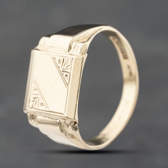 Second Hand 9ct Yellow Gold Square Part Engraved Signet Ring 41342199