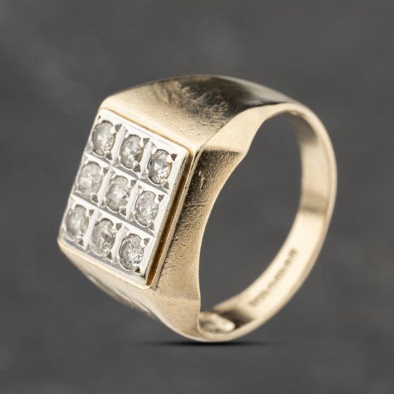 Second Hand 9ct Yellow Gold Diamond Grid Signet Ring 41342244