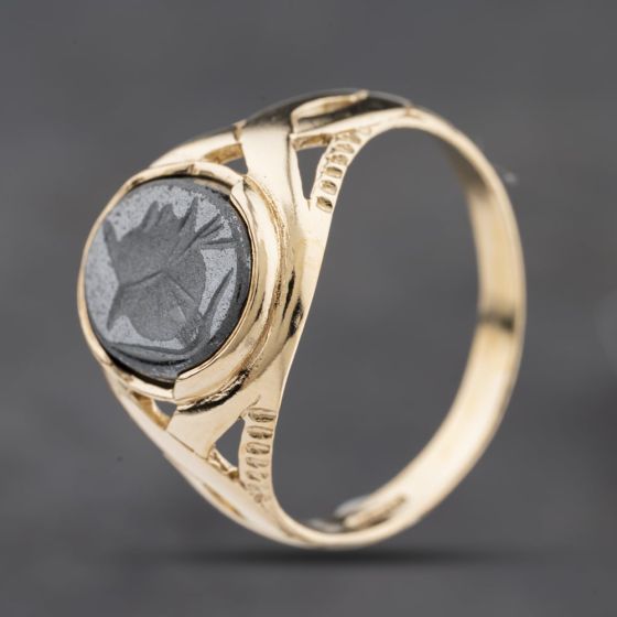 Second Hand 9ct Yellow Gold Hematite Oval Engraved Signet Ring 41342391
