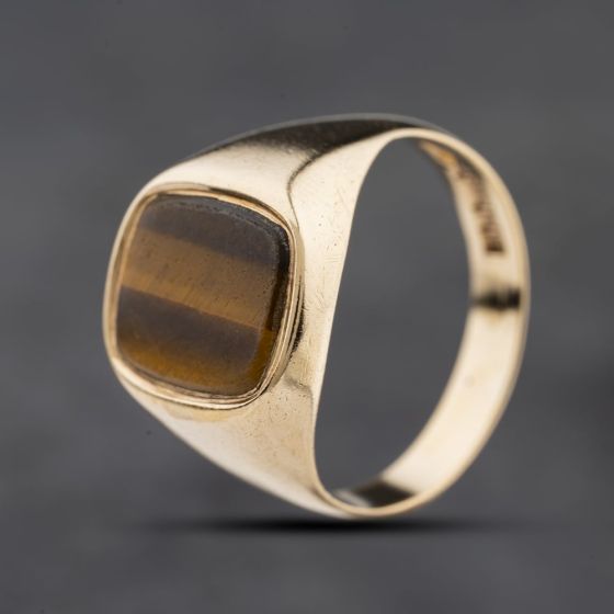 Second Hand 9ct Yellow Gold Tigers Eye Cushion Shape Signet Ring 41342392