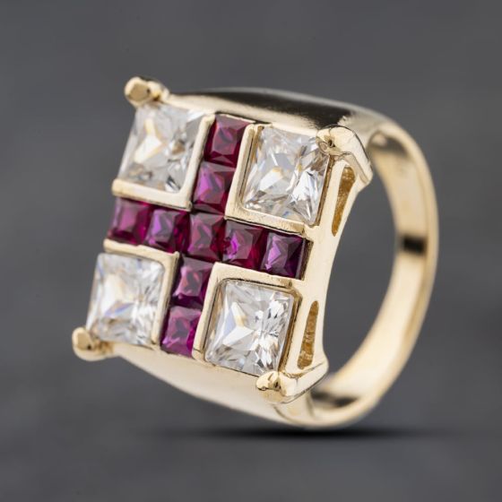 Second Hand 9ct Yellow Gold Red & White Cubic Zirconia Set St George Flag Signet Ring 41342396