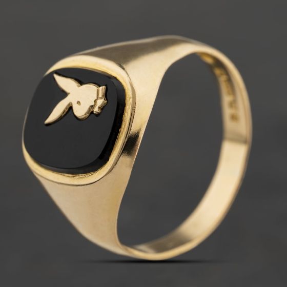 Second Hand Vintage 9ct Yellow Gold Onyx Playboy Signet Ring 41342453