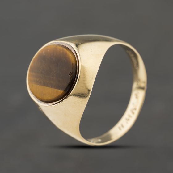 Second Hand 9ct Yellow Gold Tigers Eye Oval Signet Ring 41342457