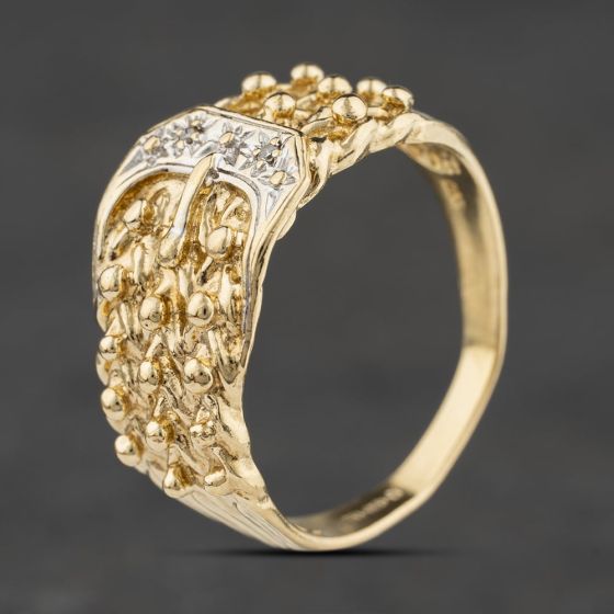 Second Hand 9ct Yellow Gold Diamond Three Row Keeper Buckle Ring 41342538