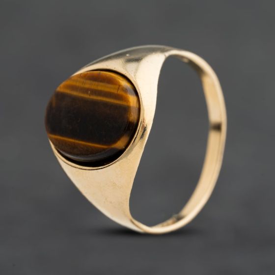 Second Hand 9ct Yellow Gold Tigers Eye Oval Signet Ring 41342618