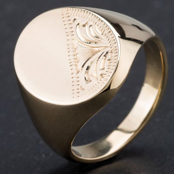 Second Hand 9ct Yellow Gold Oval Half Engraved Signet Ring 4134272