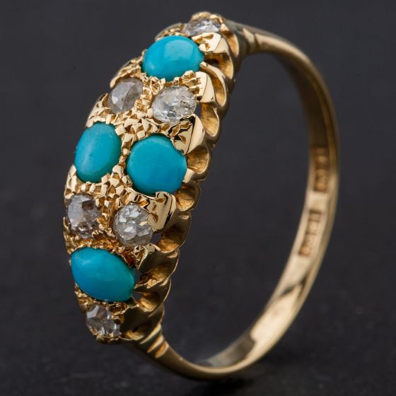 Second Hand Old Cut Diamond and Turquoise Dress Ring 4138003