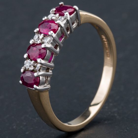 Second Hand 9ct Yellow Gold Oval Ruby and Brilliant Cut Diamond Half Eternity Ring 4138068