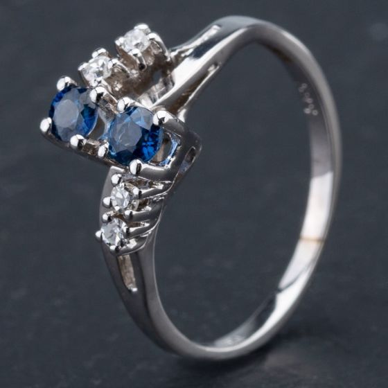 Second Hand 9ct White Gold Brilliant Cut Diamond and Sapphire Six Stone Fancy Dress Ring 4138086