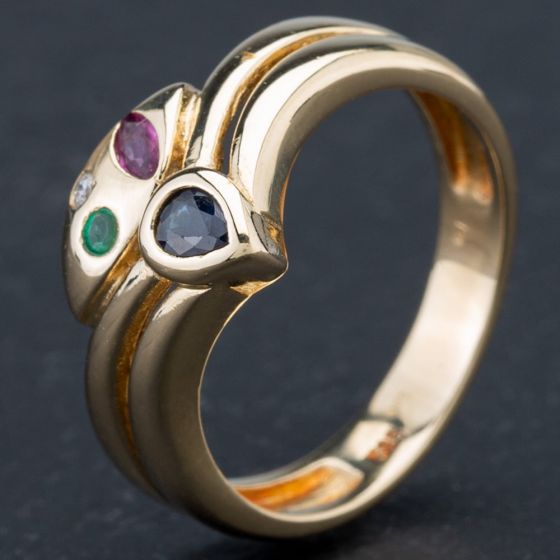 Second Hand 14ct Yellow Gold Diamond Ruby Emerald and Sapphire Rubover Fancy Wishbone Ring 4138090