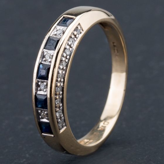 Second Hand 9ct Yellow Gold Brilliant Cut Diamond and Square Cut Sapphire Half Eternity Ring 4138095