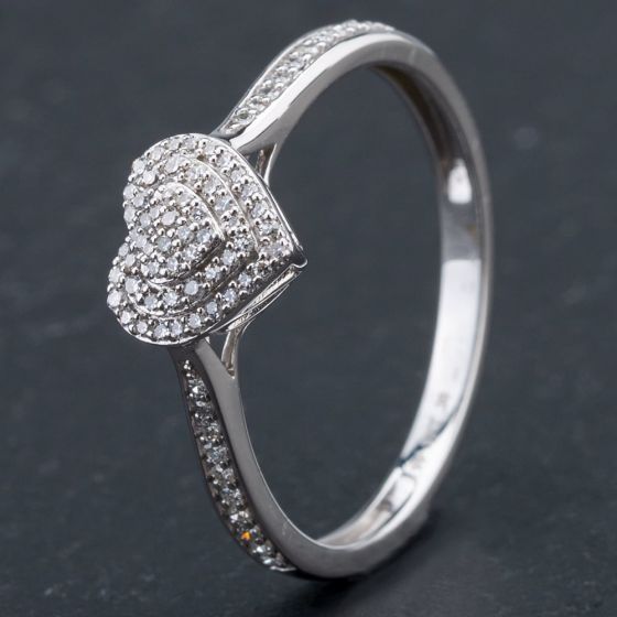 Second Hand 9ct White Gold Tiered Heart Shape Brilliant Cut Diamond Cluster Ring 4138102