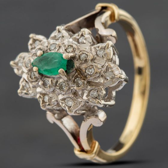 Second Hand 9ct Yellow Gold Emerald & Brilliant Cut Diamond Cluster Ring 41381071
