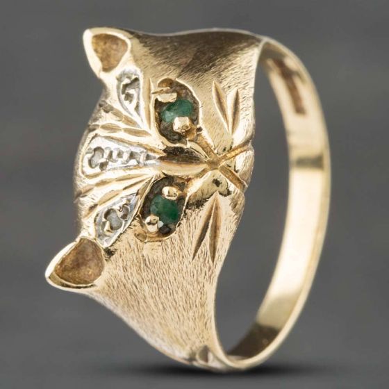 Second Hand 9ct Yellow Gold Emerald & Brilliant Cut Diamond Cat Dress Ring 41381099